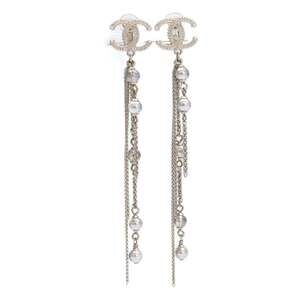 CHANEL A18A Coco Mark Bead Chain Earrings, Silver, Clear, Women's